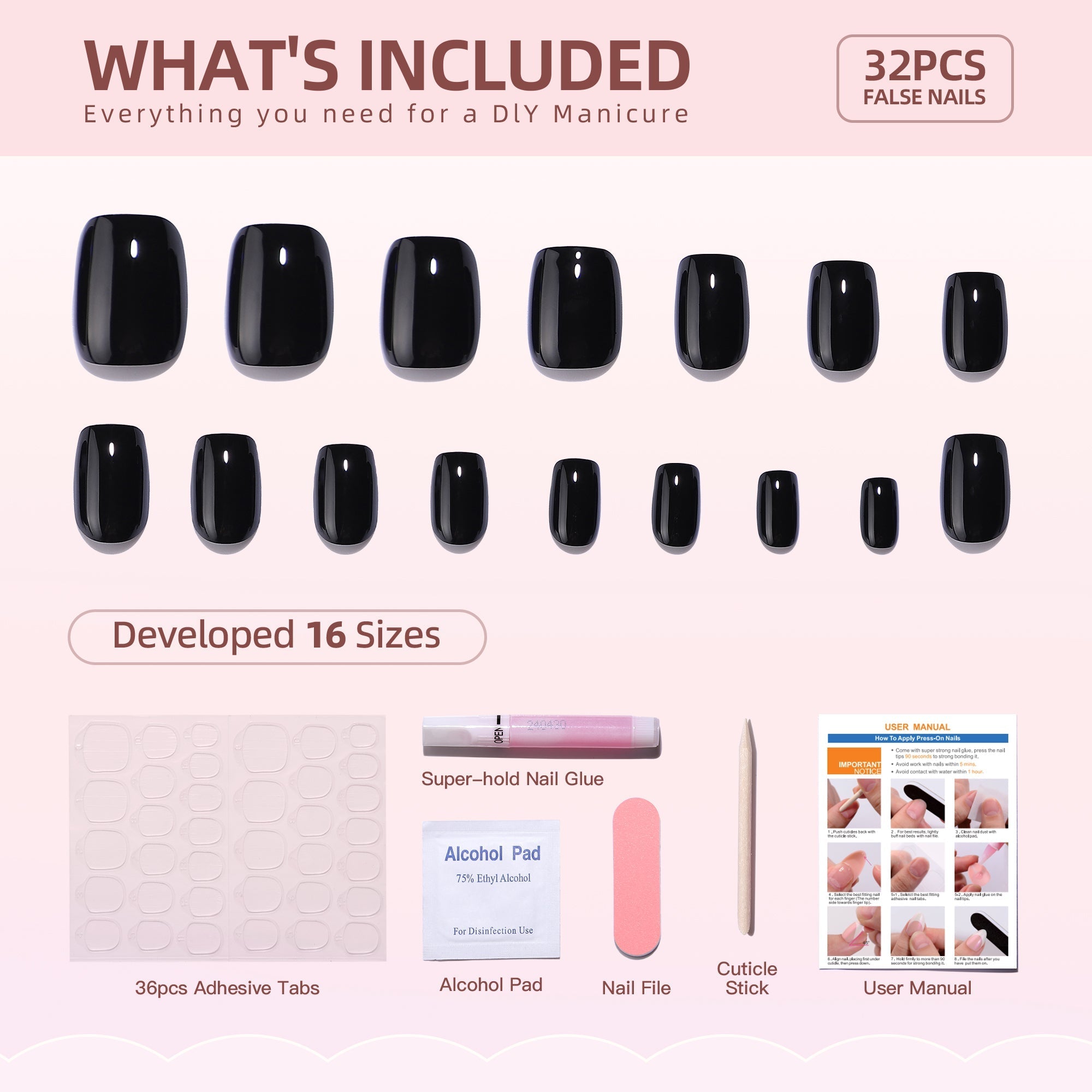 Gel Press On Nails 16 Sizes-32 Pcs Kit H001 MH-5